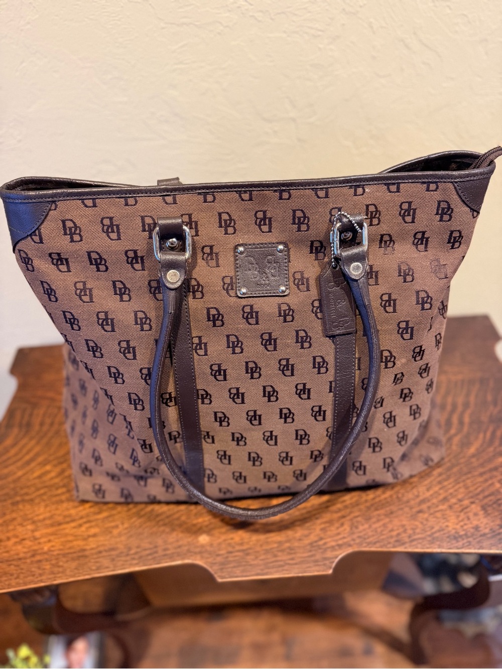 Dooney & Bourke Vintage DB Monogram Tote Brown Canvas Leather Large Bag